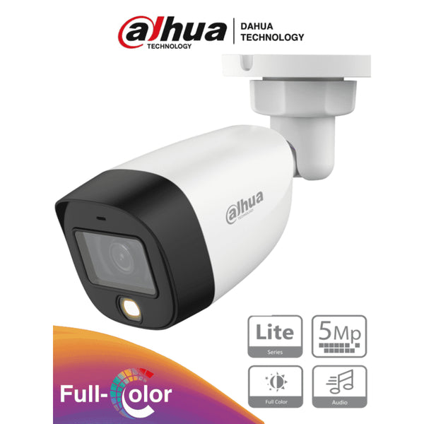 Camara Dahua Bala, 5MP, Full Color, Lente Fijo 3.6 mm, WDR, 4en1 switchable (CVI/TVI/AHD/CVBS), Metal, IR20m, IP67, 12VDC.